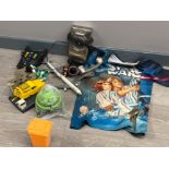 Mixed box lot comprising of Collectable Star Wars top, chrome effect vintage wall telephone, pair of