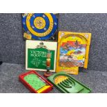 Vintage game group lot, hoop games (1 complete with hoops) battle action marble game with original