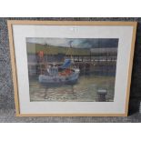 A pastel by Richard Flynn "Fishing boat in the Gut at North Shields Fish Quay" signed 47 x 62cm