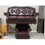 Metal Studded Burgundy leather 3 seater sofa & matching armchair