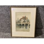 A watercolour by Victor Noble Rainbird town scene, signed and indistinctly inscribed 26 x 19cm