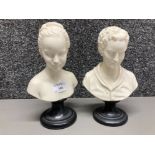 Two resin busts of a young lady and gentleman 23cm high