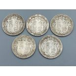 Five silver Half Crown coins dated 1906, 1909, 1912, 1916 & 1917