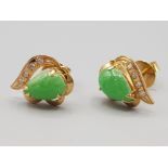 Ladies 14ct yellow gold jade and white stone studs with screw down backs 3.3g gross
