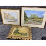 3 x framed pictures includes vintage pastel by A. Parrak, gilt framed textured print by T.Atkinson &