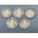 5 silver Half Crown coins dated 1908, 1910, 1911, 1913 & 1914