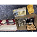 Box of plated & other cutlery including boxed sets plus boxed 3 piece carving set and toast racks