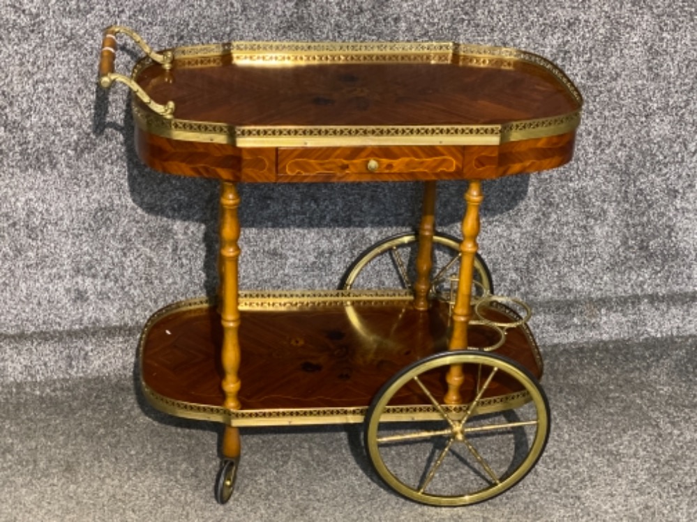 Vintage Two tier inlaid mahogany Drinks/serving trolley with gilt metal frame, wheels & bottle
