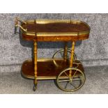 Vintage Two tier inlaid mahogany Drinks/serving trolley with gilt metal frame, wheels & bottle