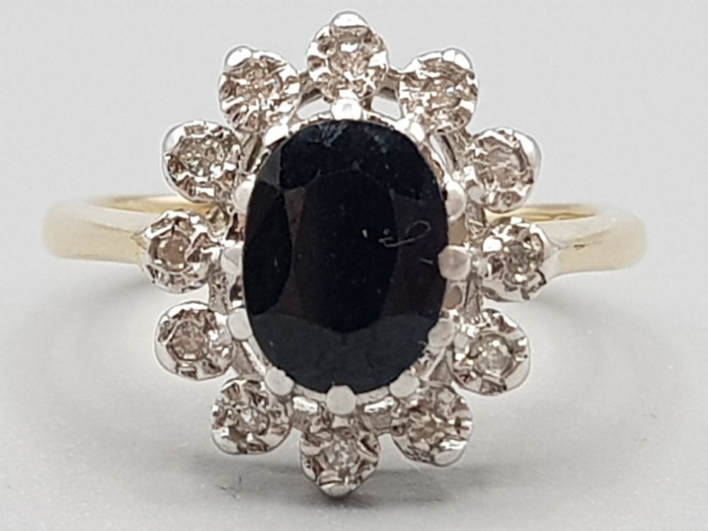 Ladies 9ct yellow gold sapphire and diamond cluster ring 2.8g gross size L