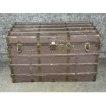 A large Drucker metal bound wooden trunk 107 x 65 x 56cm