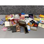 Box containing a large quantity of vintage matchboxes together with novelty & table lighters