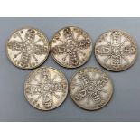 5 silver one florin coins dated 1915, 1916, 1917, 1918 & 1919