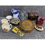 Box lot includes Anglo Indian table box, treasure chest type box, Far East Boulder ornament, AA