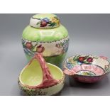 3x pieces of Maling lustre includes peony rose basket, green ginger jar & pink twin handled bowl