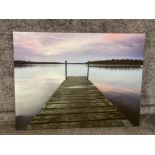 Large Oleograph of a deserted jetty & Lake at sunset, 115x89cm