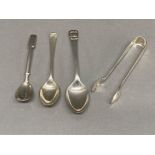 Silver items: a pair of sugar nips and three spoons various 53.9g