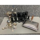 Ebony pots, vases and hat pin stand, silver plated items to include a chestnut roaster