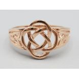 Brand new ex display 10ct rose gold Celtic pattern ring, size P, 2.3g