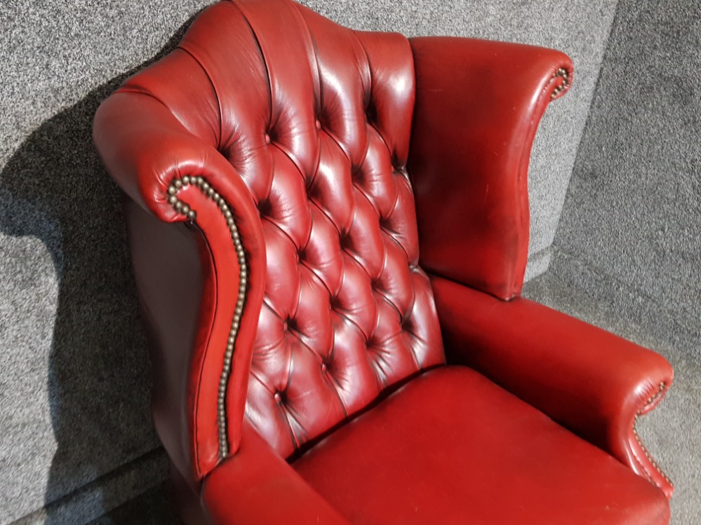Oxblood leather Chesterfield wing back armchair - Image 2 of 2