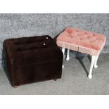 Vintage brown upholstered storage box & fringed footstool