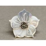 Silver mother of pearl and marcasite carved flower ring size N