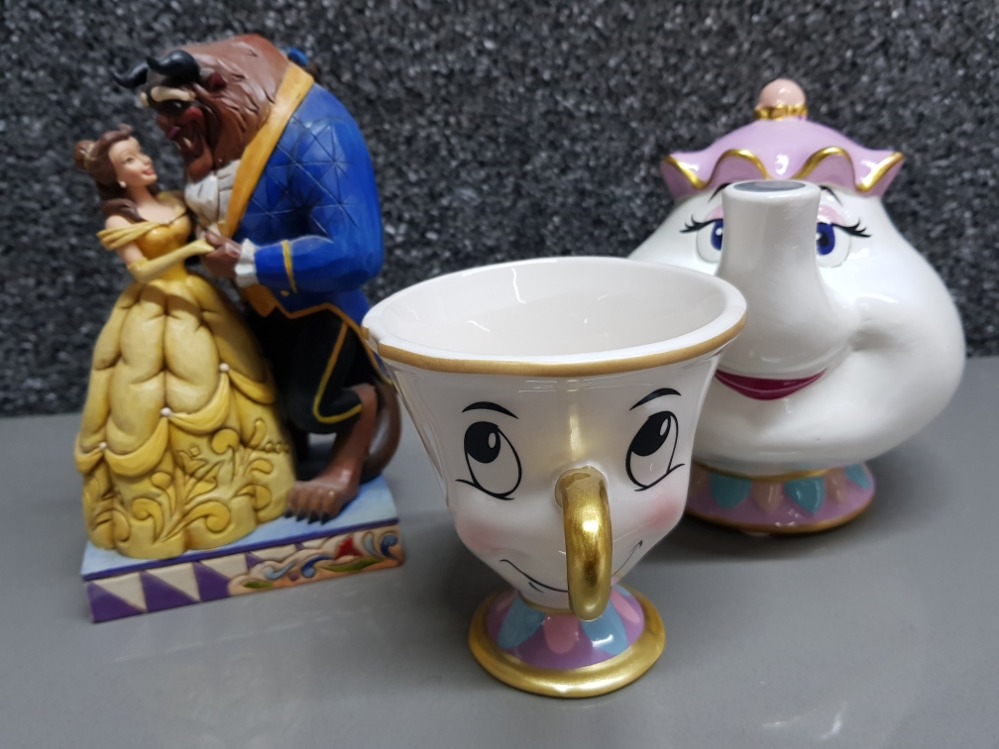 3x Beauty and the Beast collectible pieces includes Mrs Potts money box & chip Potts cup also