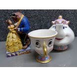 3x Beauty and the Beast collectible pieces includes Mrs Potts money box & chip Potts cup also