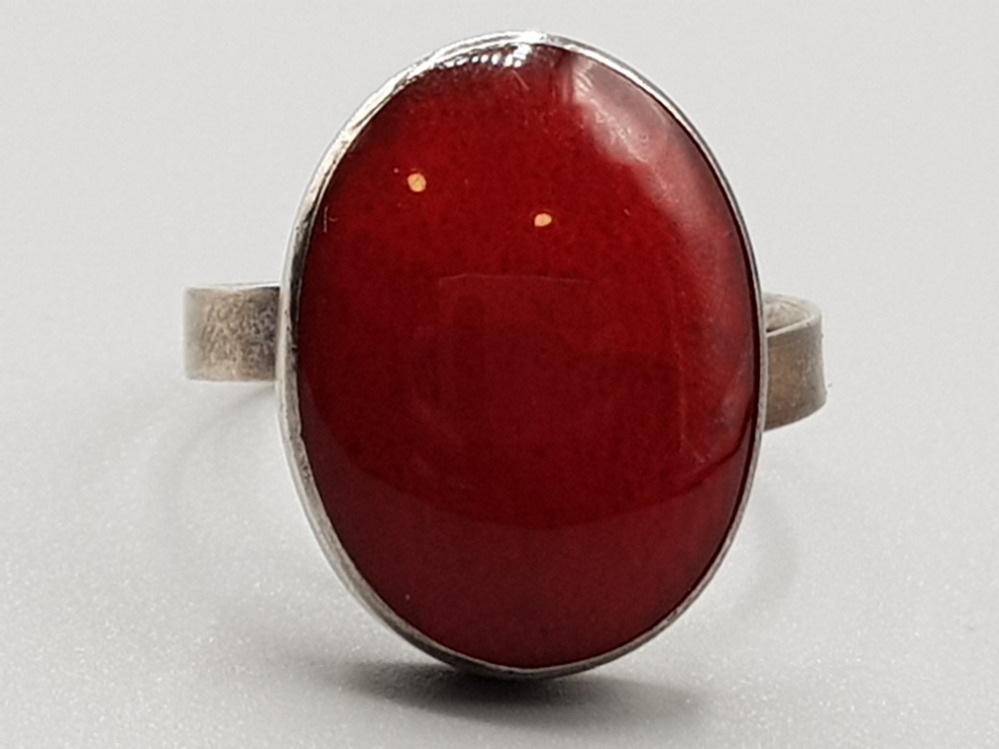 Silver 925 dress ring with large oval shaped red coloured stone, size V, 4.4g gross