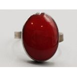 Silver 925 dress ring with large oval shaped red coloured stone, size V, 4.4g gross