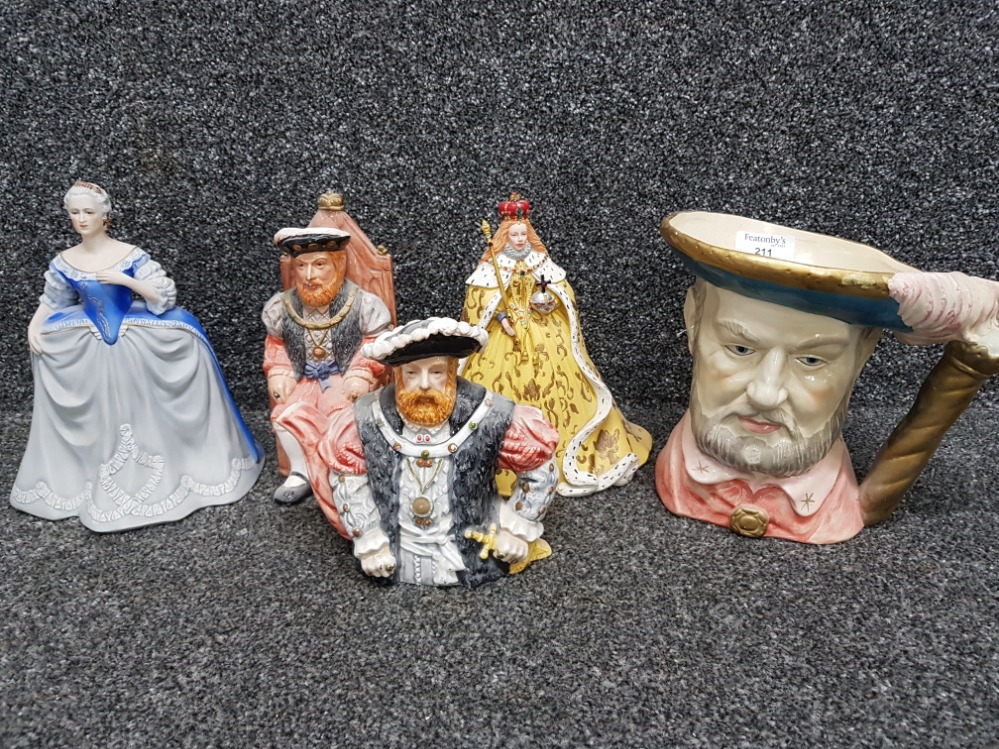 5x Royalty themed ornaments including Henry VIII character jug & Franklin Porcelain Catherine the