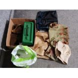 Box of fishing tackle, bags & fingerless gloves etc