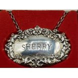 Hallmarked Birmingham silver 1976 Sherry decanter label, part of the Thomas Webb collection with