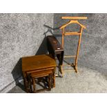 Inlaid mahogany drop leaf table together with trouser press & nest of three tables