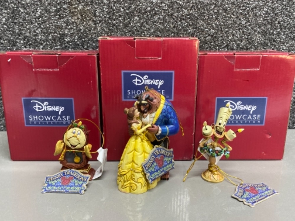 3x Disney Traditions hanging figured ornaments includes Beauty & the Beast, Cogsworth & Lumiere, all