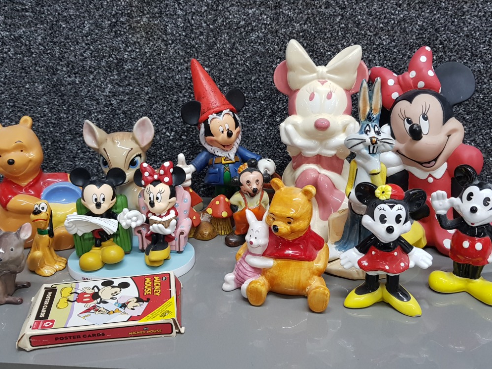 Tray lot of miscellneous Walt Disney figurines including Bambi by Wade, Minnie mouse money box,