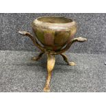 Antique colonial Indian cupped brass bowl with coloured panels, one containing a peacock upon