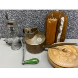 Mixed items includes vintage copper Haws oil can, brush set, wooden bowl & vintage mincer