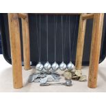 Handmade desk top 5 ball cradle together with a large Quantity of six pence coins & military buttons