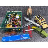 Crate of miscellaneous toys including planes, figures & other vehicles