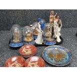 Tray of Egyptian themed items includes figured ornaments & china (4x plates by Royal Worcester) 6