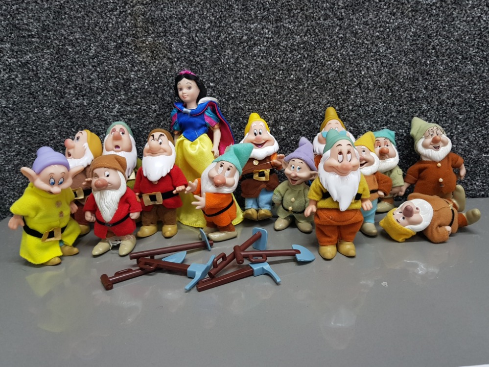 Box containing Walt Disney's Snow White & 7 drawfs figures, (multiple duplicates) 15 in total