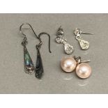 Silver and paua shell drop earrings and two pairs of costume jewellery earrings