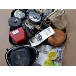 Tray lot of mixed fishing reels etc also includes Hardy reel bag etc