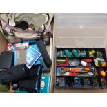 Box containing fishing tackle & storage boxes (for hooks etc