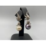 18ct White Gold & Diamond Earrings with Large 13mm Marine Pearl Droplets weighing 16 grams