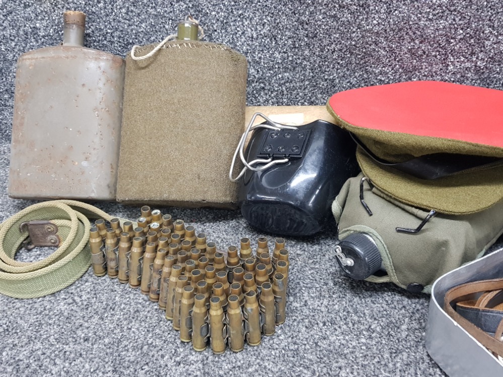 Box containing military related items including Machine gun belt, Canteens, rifle sling, nautical - Image 3 of 3