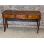 Mahogany 3 drawer console table, 129x42cm, height 74cm