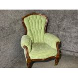 Antique - Mahogany framed & upholstered button backed fireside armchair