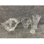 Three cut glass vases and a shaped dish with ivy decoration